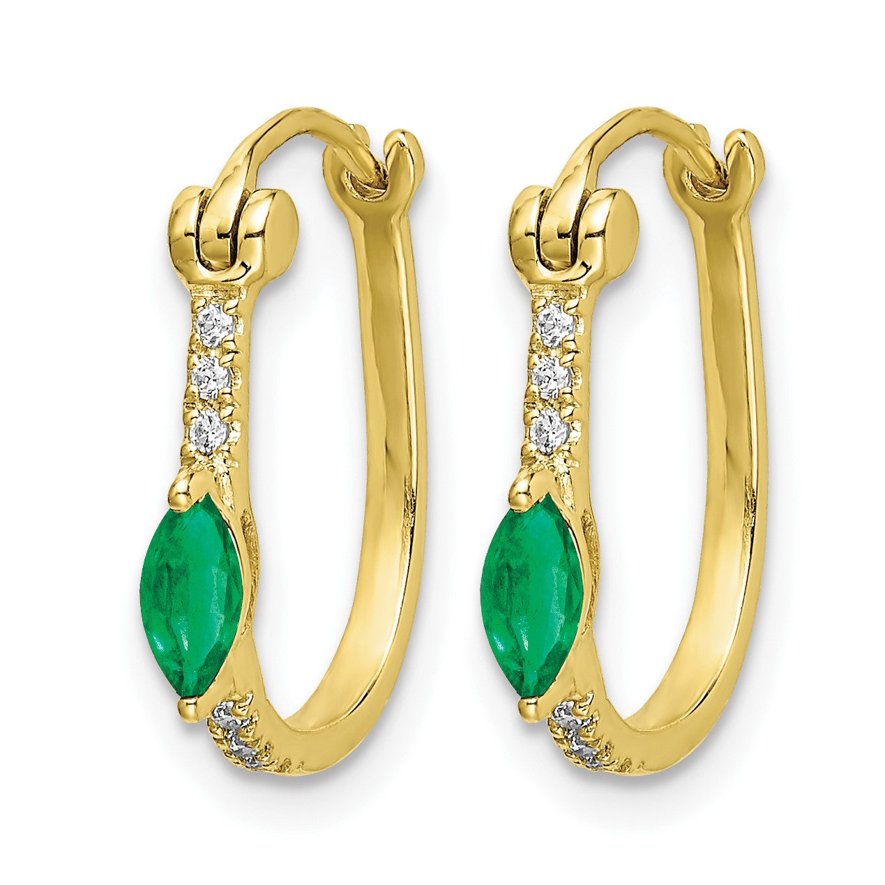 14k 1/20 carat Diamond and 5x2.5mm Marquise Emerald Oval Hoop Earrings