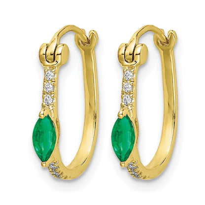 14k 1/20 carat Diamond and 5x2.5mm Marquise Emerald Oval Hoop Earrings