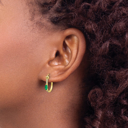14k 1/20 carat Diamond and 5x2.5mm Marquise Emerald Oval Hoop Earrings