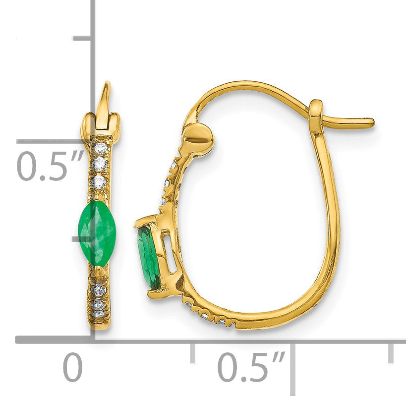14k 1/20 carat Diamond and 5x2.5mm Marquise Emerald Oval Hoop Earrings