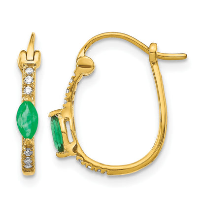 14k 1/20 carat Diamond and 5x2.5mm Marquise Emerald Oval Hoop Earrings