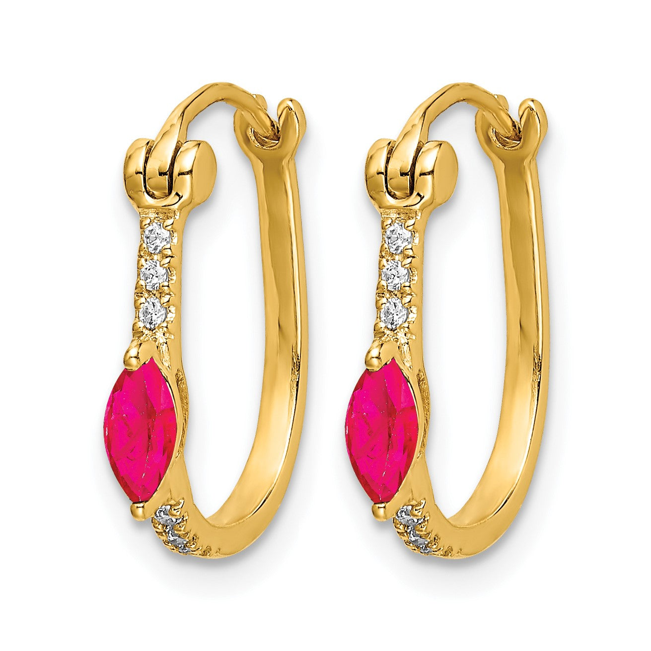 14k 1/20 carat Diamond and 5x2.5mm Marquise Ruby Oval Hoop Earrings