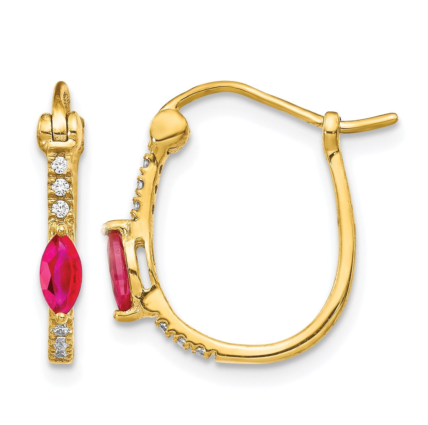 14k 1/20 carat Diamond and 5x2.5mm Marquise Ruby Oval Hoop Earrings