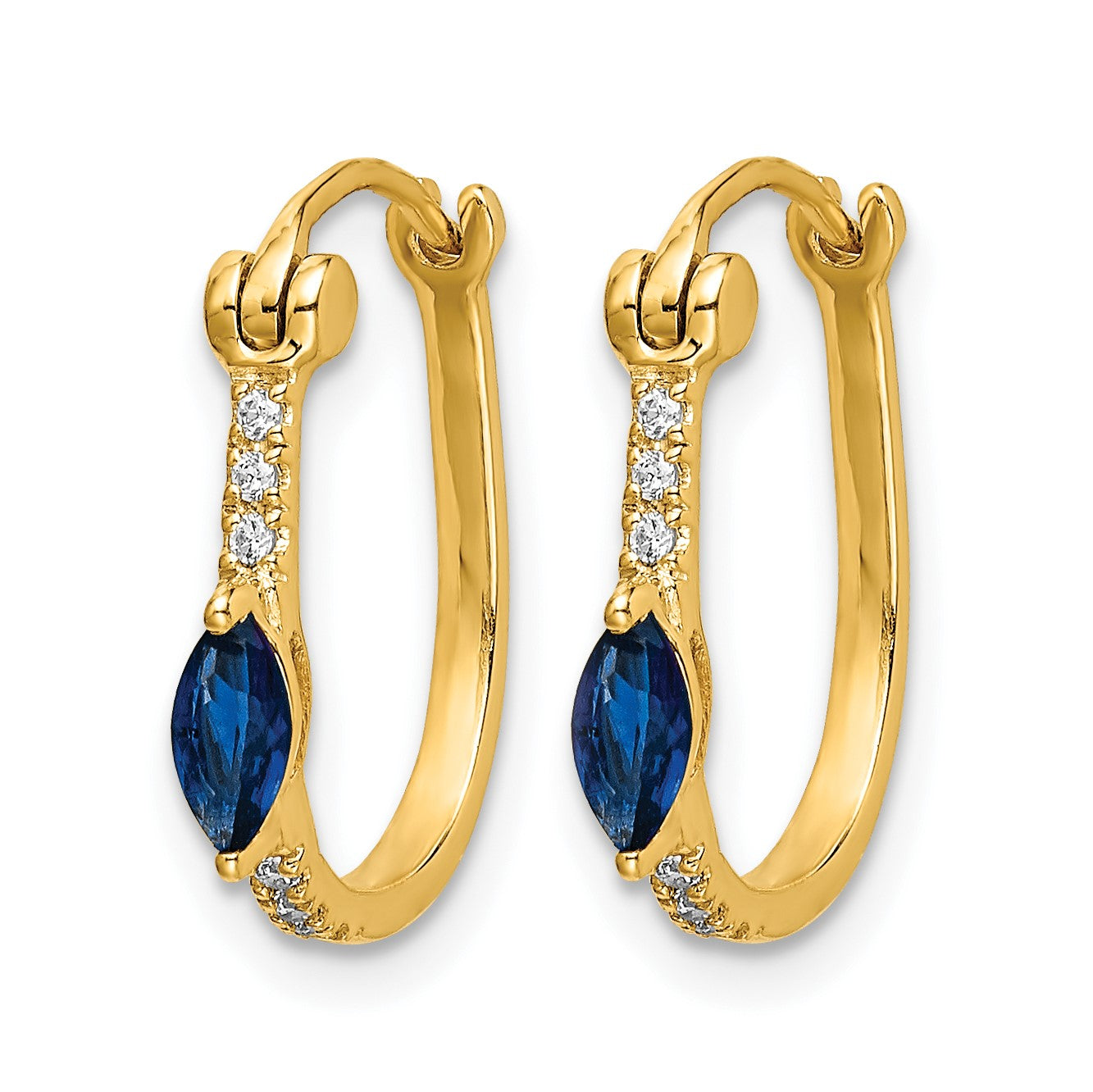 14k 1/20 carat Diamond and 5x2.5mm Marquise Sapphire Oval Hoop Earrings