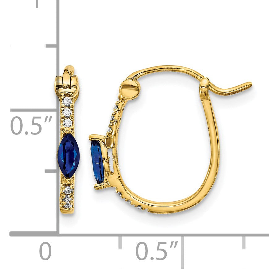 14k 1/20 carat Diamond and 5x2.5mm Marquise Sapphire Oval Hoop Earrings