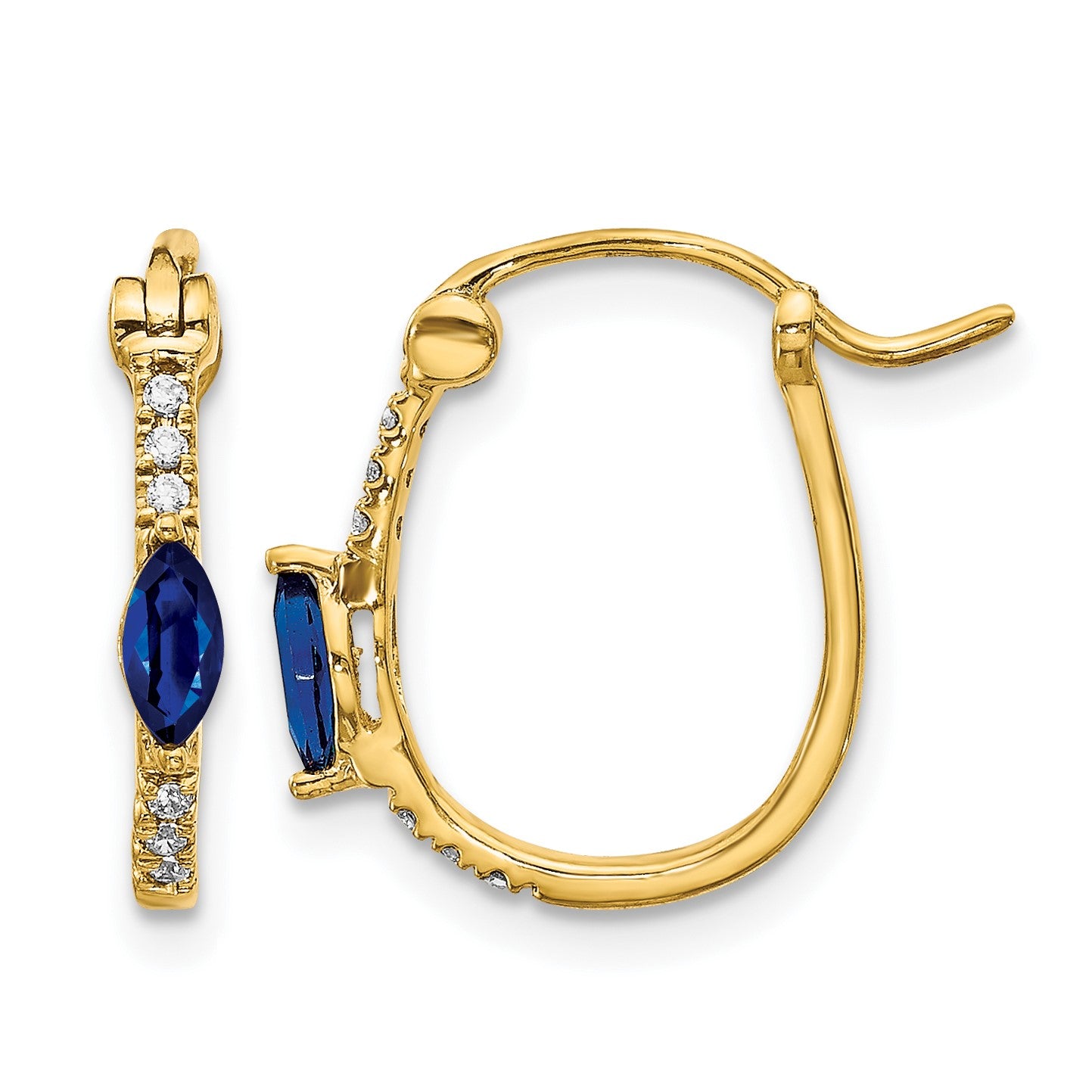 14k 1/20 carat Diamond and 5x2.5mm Marquise Sapphire Oval Hoop Earrings