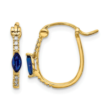 14k 1/20 carat Diamond and 5x2.5mm Marquise Sapphire Oval Hoop Earrings