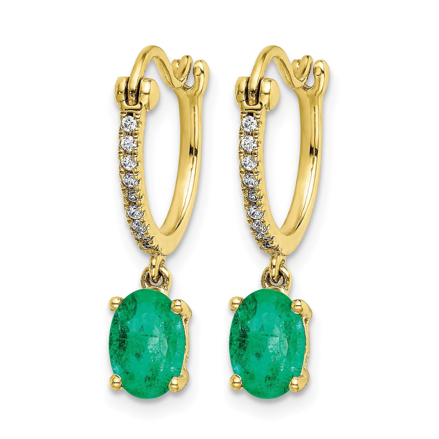 14k 1/10 carat Diamond and 7x5mm Oval Emerald Dangle Hoop Earrings