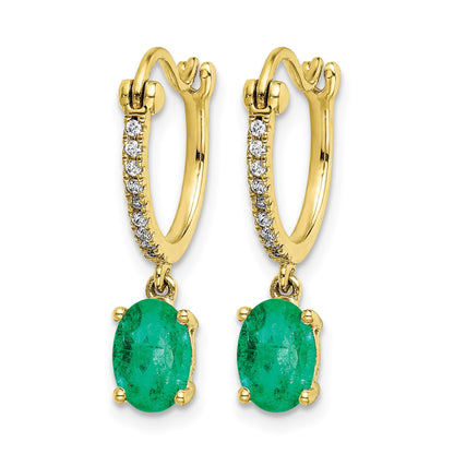 14k 1/10 carat Diamond and 7x5mm Oval Emerald Dangle Hoop Earrings