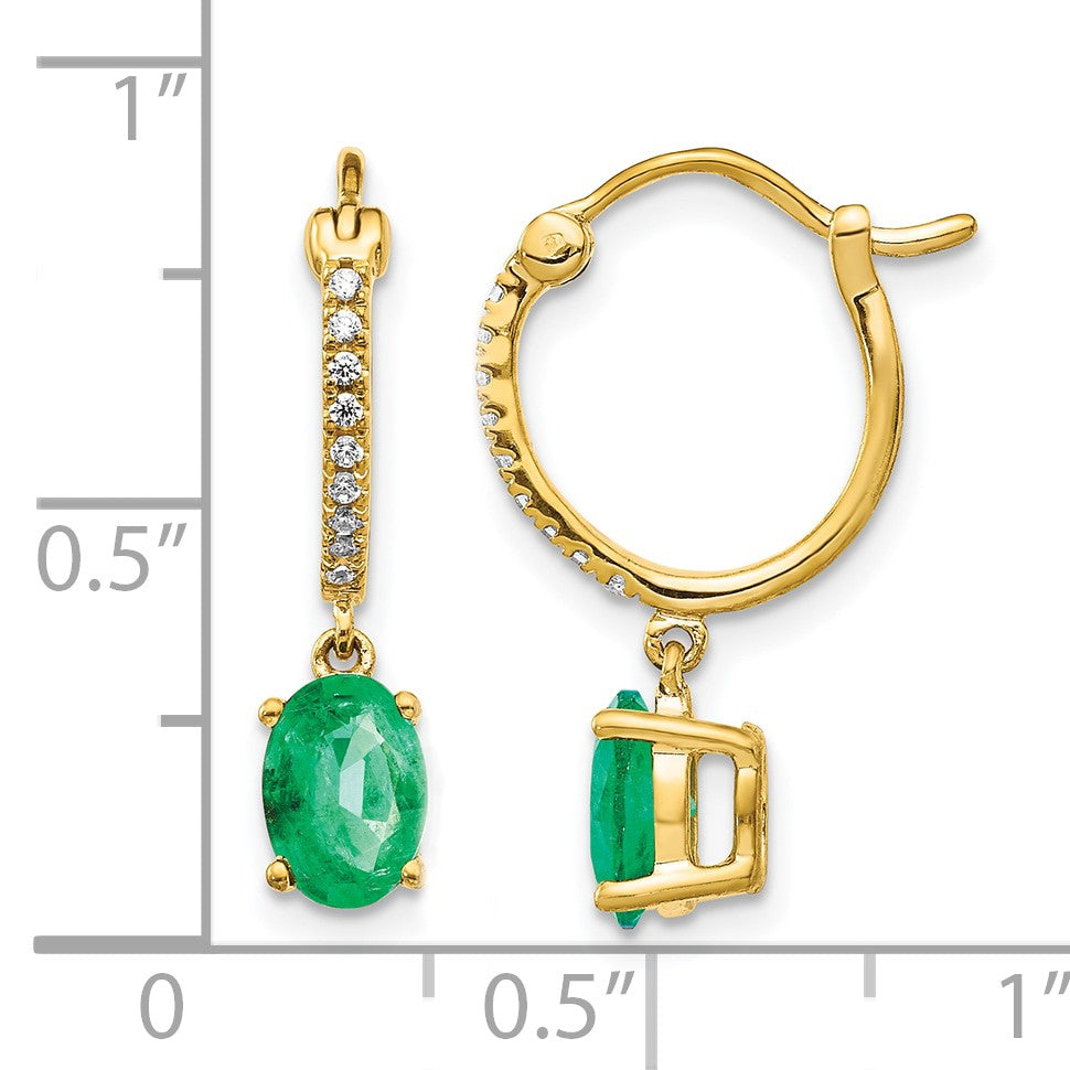 14k 1/10 carat Diamond and 7x5mm Oval Emerald Dangle Hoop Earrings