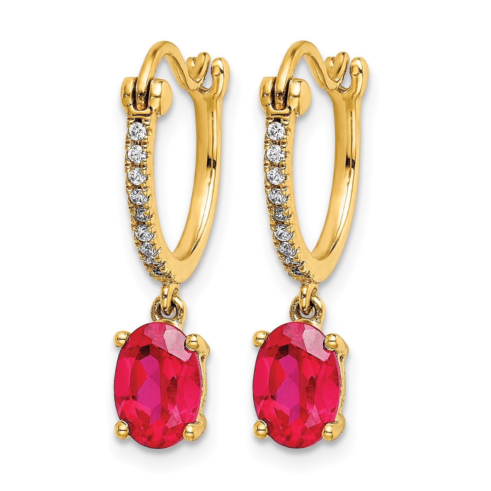 14k 1/10 carat Diamond and 7x5mm Oval Ruby Dangle Hoop Earrings
