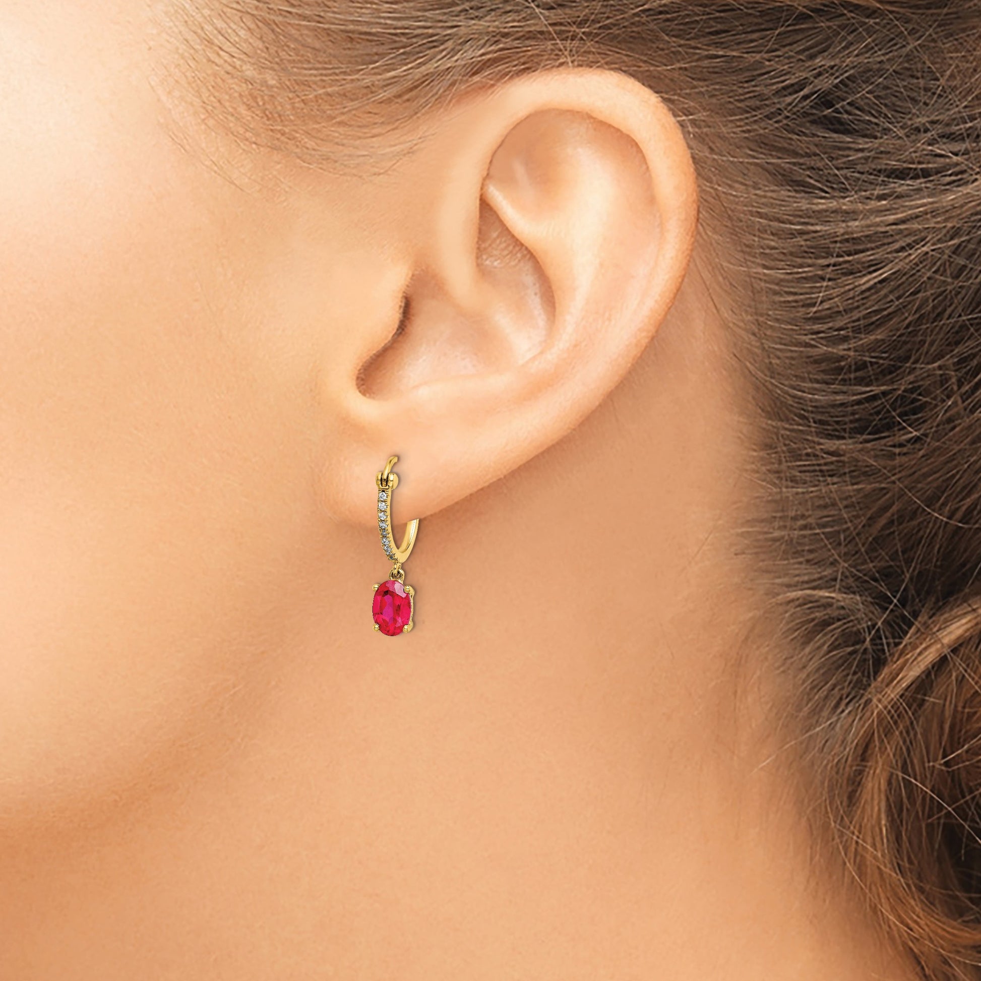 14k 1/10 carat Diamond and 7x5mm Oval Ruby Dangle Hoop Earrings