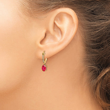 14k 1/10 carat Diamond and 7x5mm Oval Ruby Dangle Hoop Earrings
