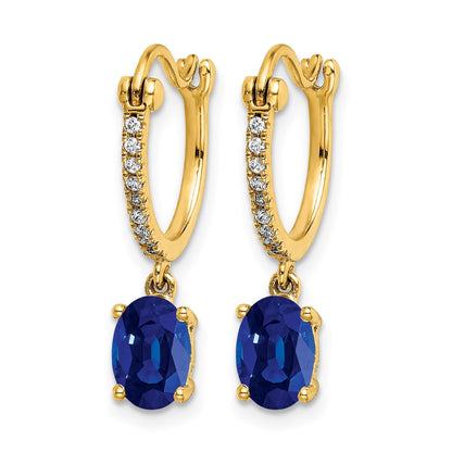 14k 1/10 carat Diamond and 7x5mm Oval Sapphire Dangle Hoop Earrings