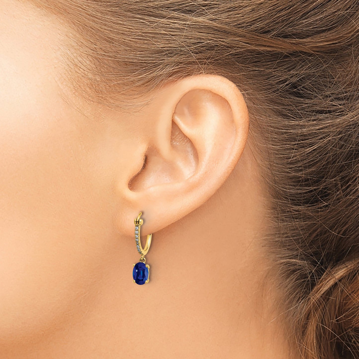 14k 1/10 carat Diamond and 7x5mm Oval Sapphire Dangle Hoop Earrings