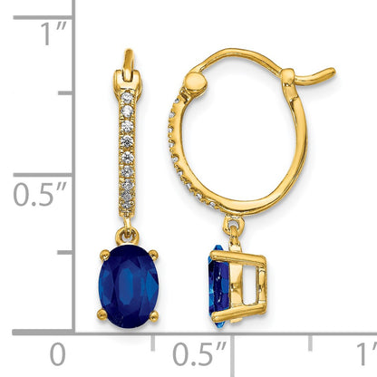 14k 1/10 carat Diamond and 7x5mm Oval Sapphire Dangle Hoop Earrings