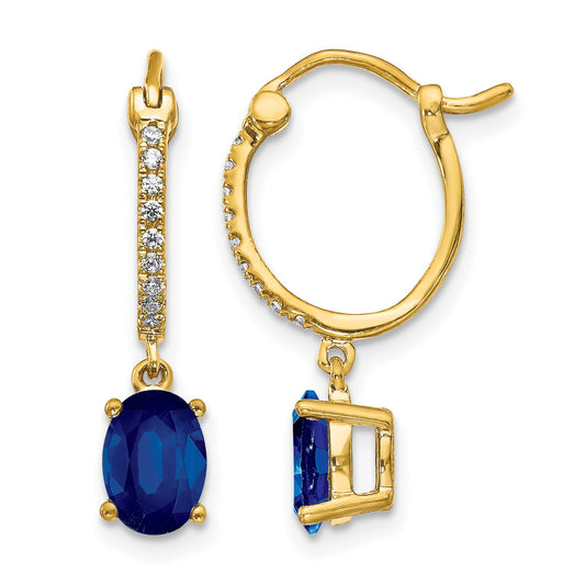 14k 1/10 carat Diamond and 7x5mm Oval Sapphire Dangle Hoop Earrings