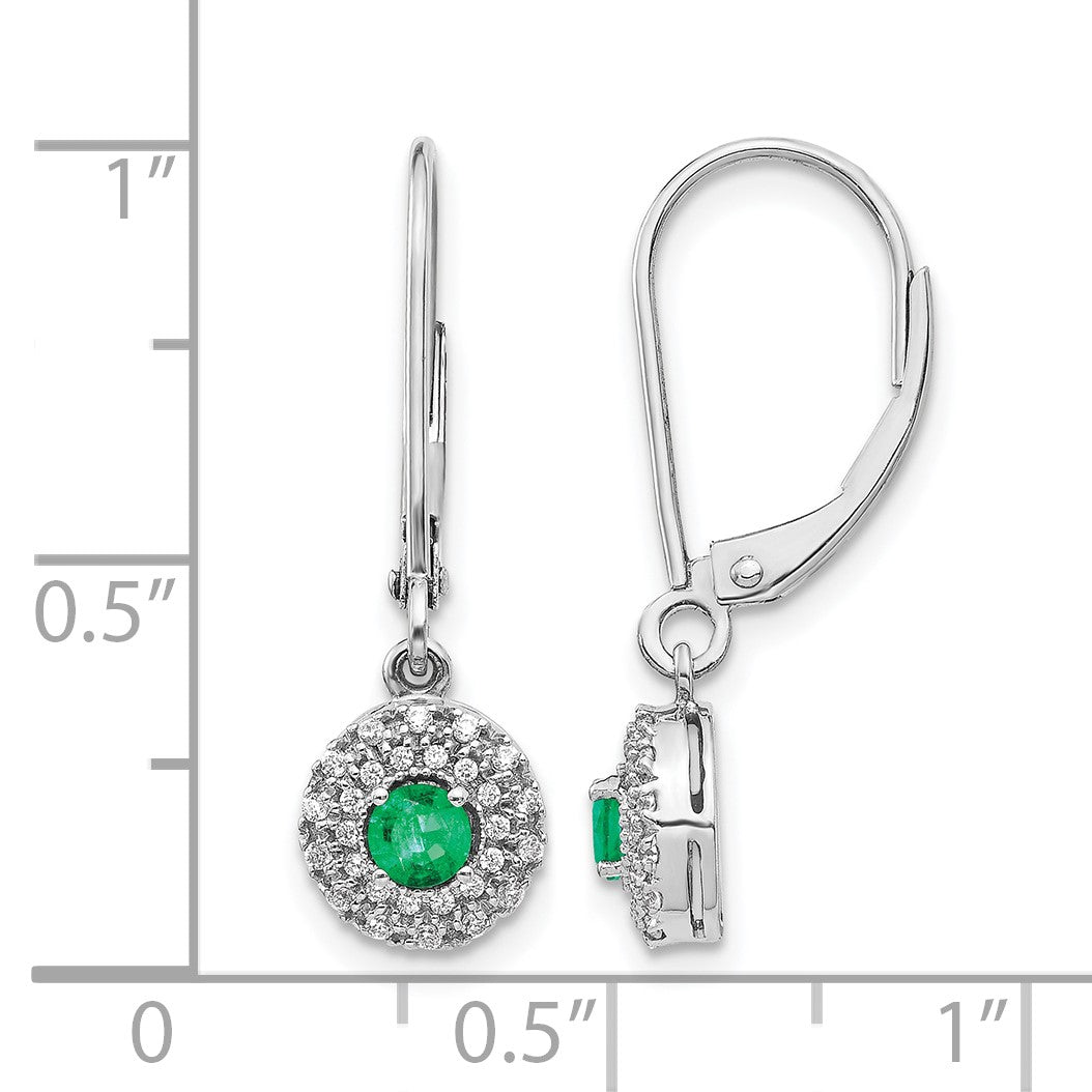 14k White Gold Diamond Halo and Emerald Leverback Dangle Earrings