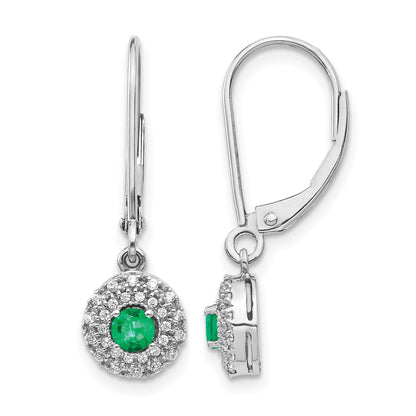 14k White Gold Diamond Halo and Emerald Leverback Dangle Earrings