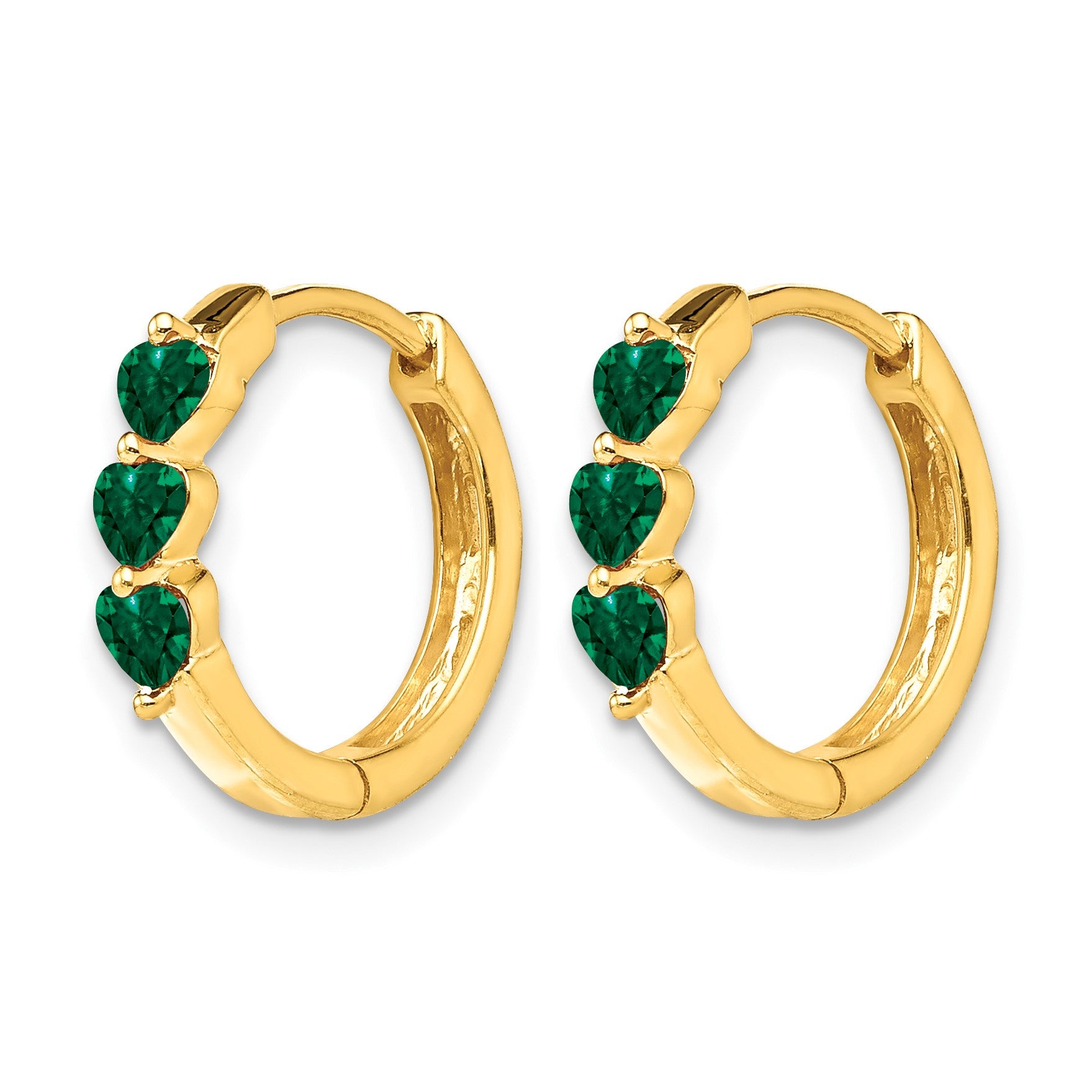 14k 3mm Heart Lab Created Emerald Polished Hinged Hoop Earrings