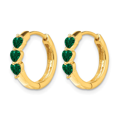 14k 3mm Heart Lab Created Emerald Polished Hinged Hoop Earrings