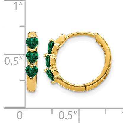 14k 3mm Heart Lab Created Emerald Polished Hinged Hoop Earrings