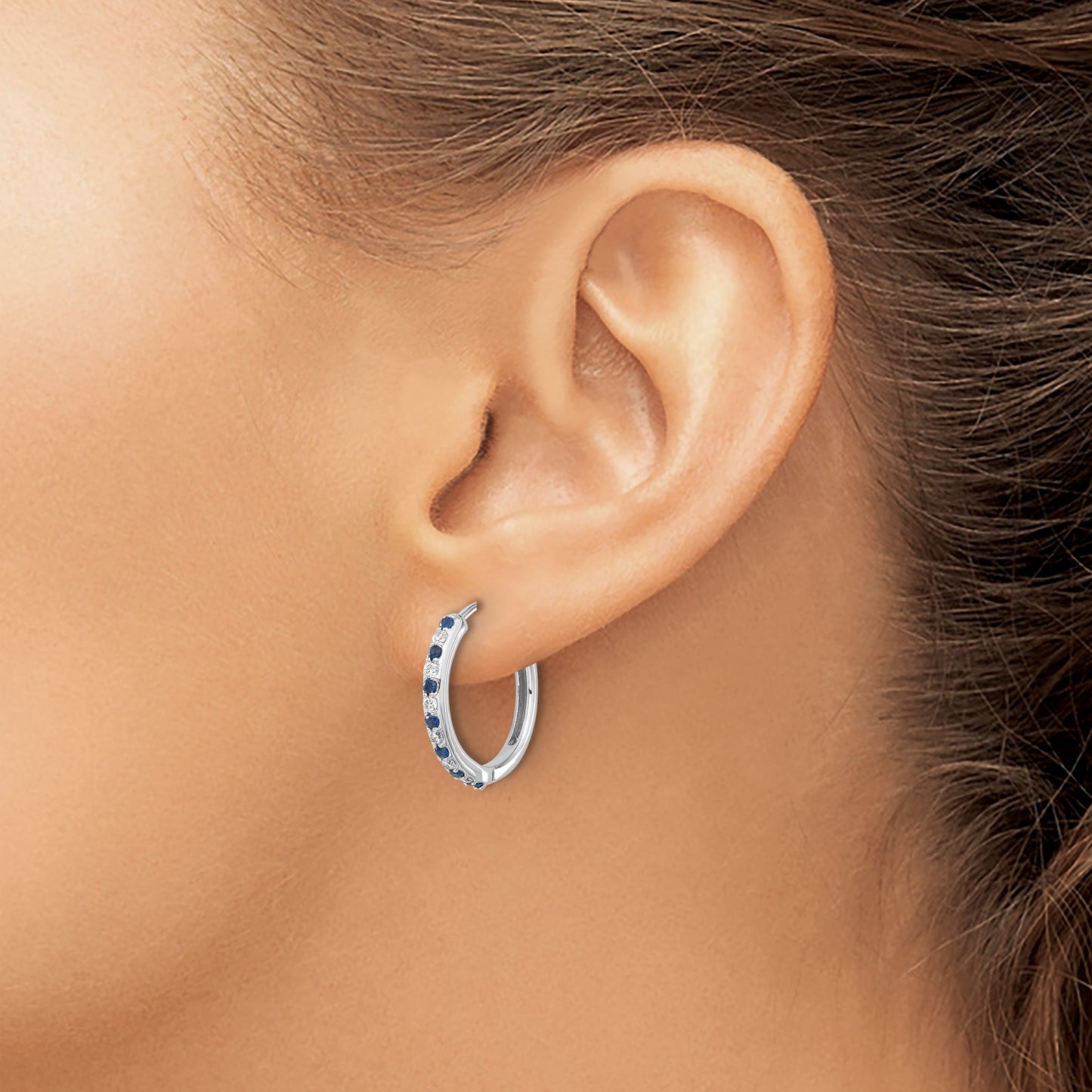 14k White Gold Diamond and Sapphire 19mm Hinged Hoop Earrings