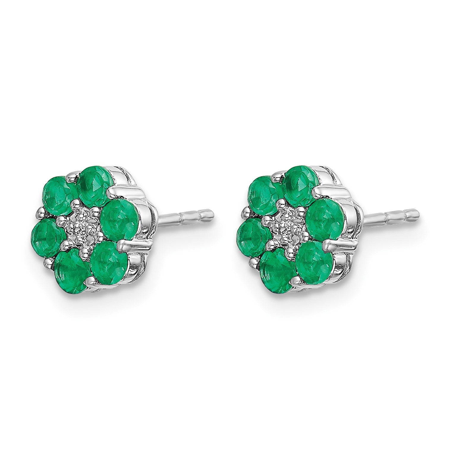 14k White Gold Polished Emerald and Diamond Floral Post Earrings