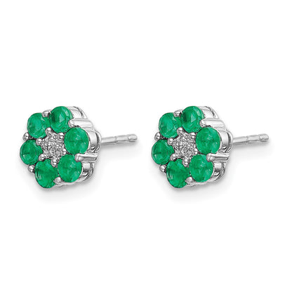 14k White Gold Polished Emerald and Diamond Floral Post Earrings
