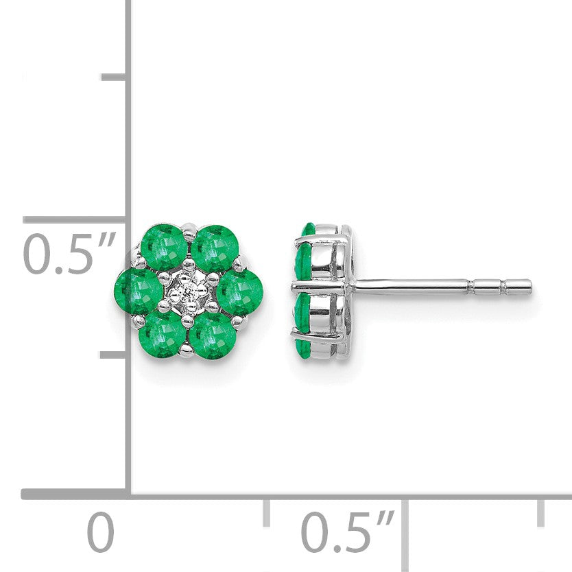 14k White Gold Polished Emerald and Diamond Floral Post Earrings