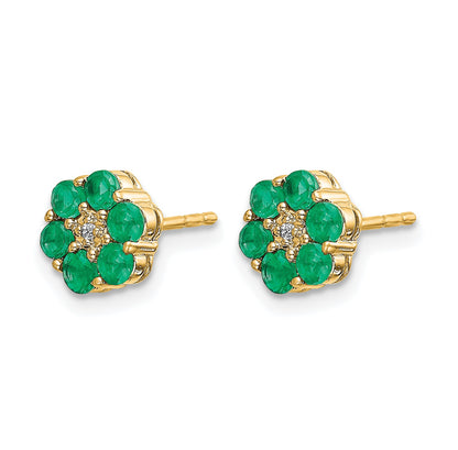 14k and White Rhodium Emerald and Diamond Floral Post Earrings