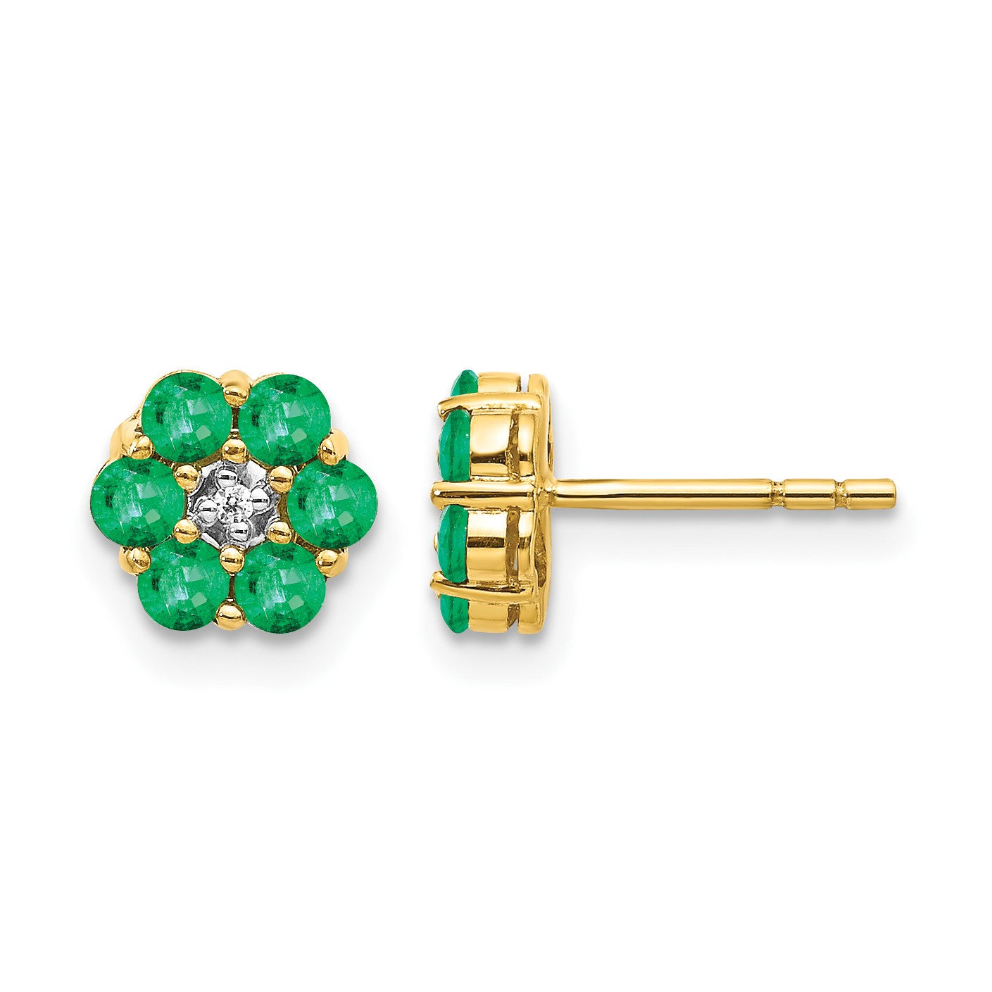 14k and White Rhodium Emerald and Diamond Floral Post Earrings