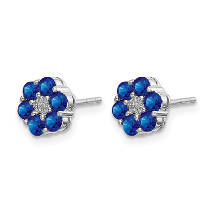 14k White Gold Polished Sapphire and Diamond Floral Post Earrings