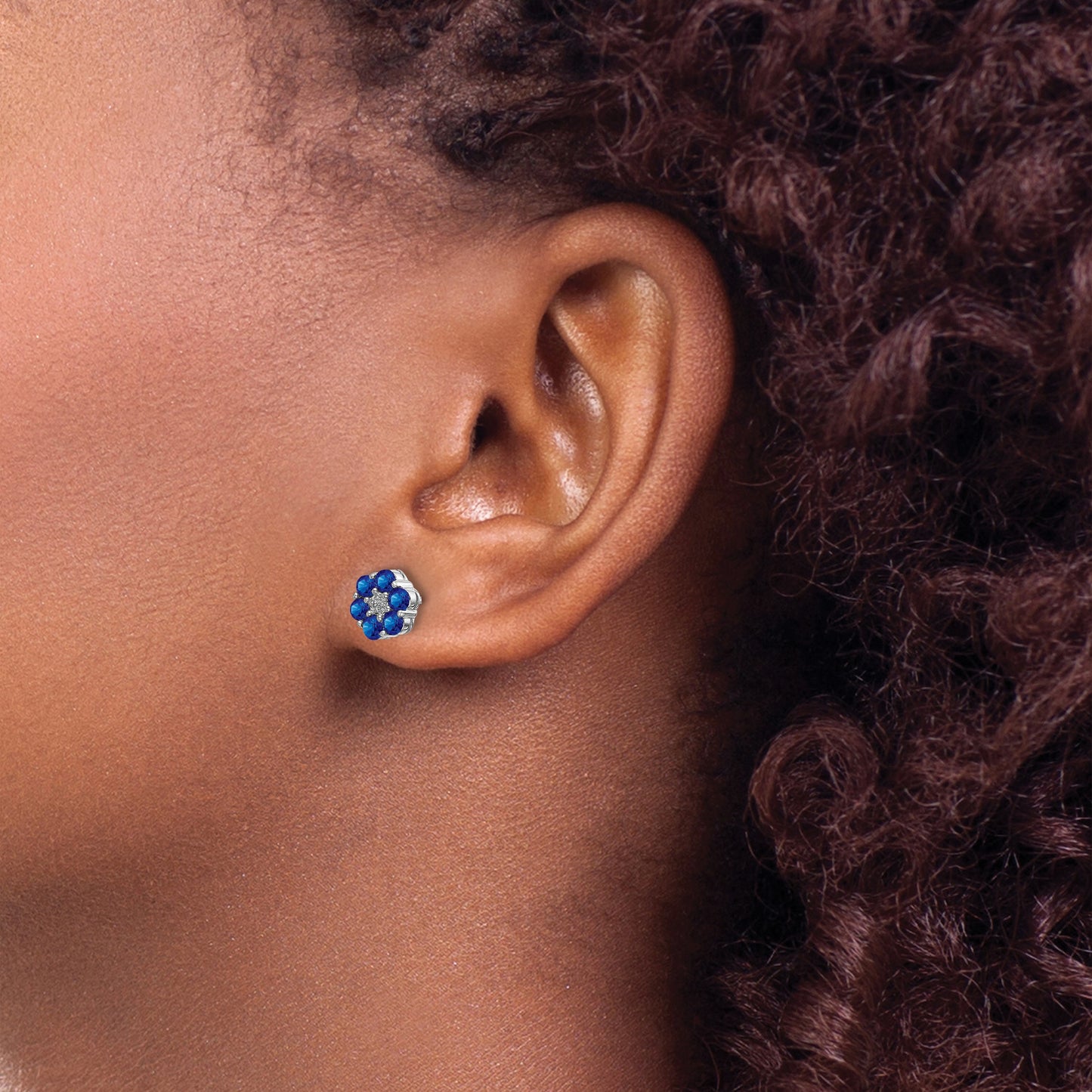 14k White Gold Polished Sapphire and Diamond Floral Post Earrings