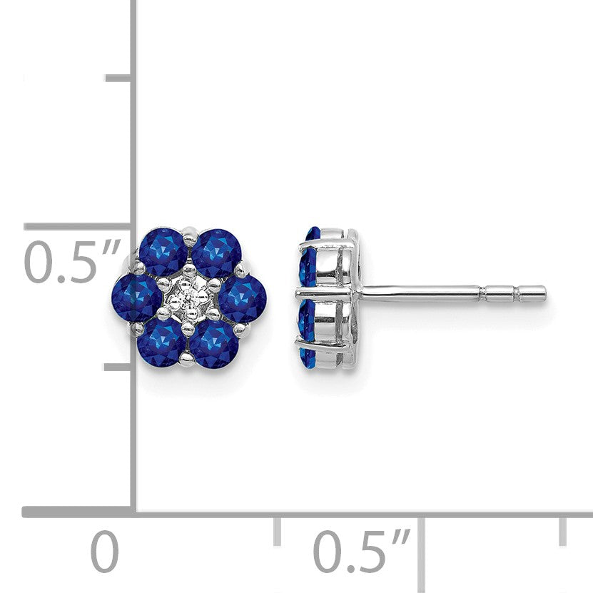 14k White Gold Polished Sapphire and Diamond Floral Post Earrings
