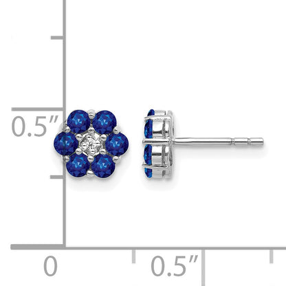 14k White Gold Polished Sapphire and Diamond Floral Post Earrings