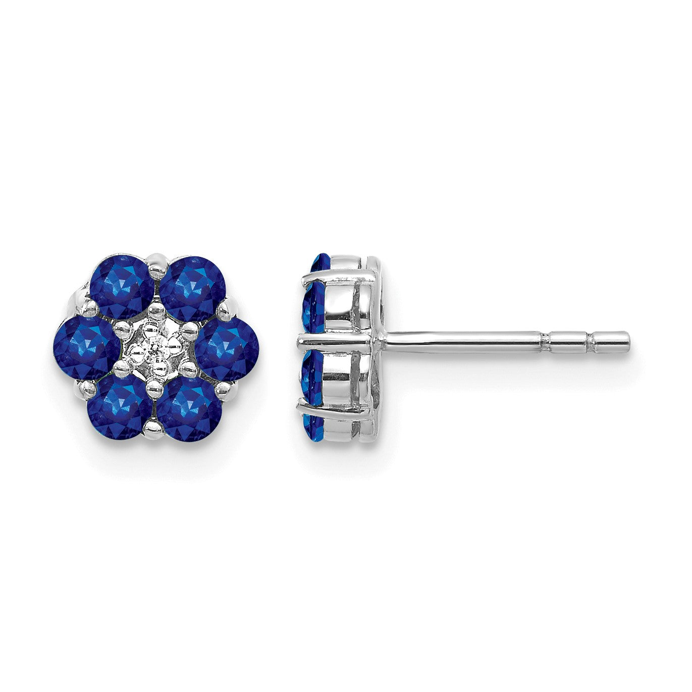 14k White Gold Polished Sapphire and Diamond Floral Post Earrings