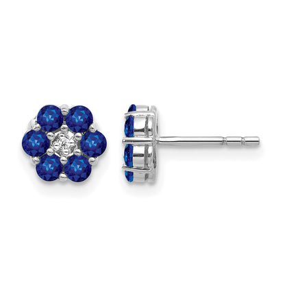 14k White Gold Polished Sapphire and Diamond Floral Post Earrings