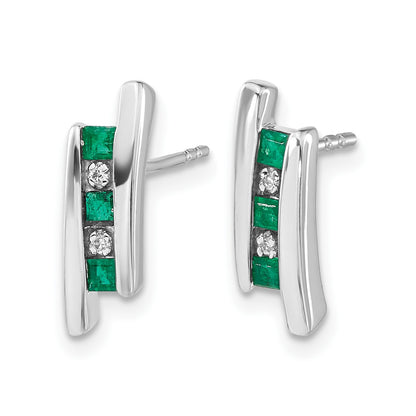 14k White Gold Princess Emerald and Diamond Post Earrings