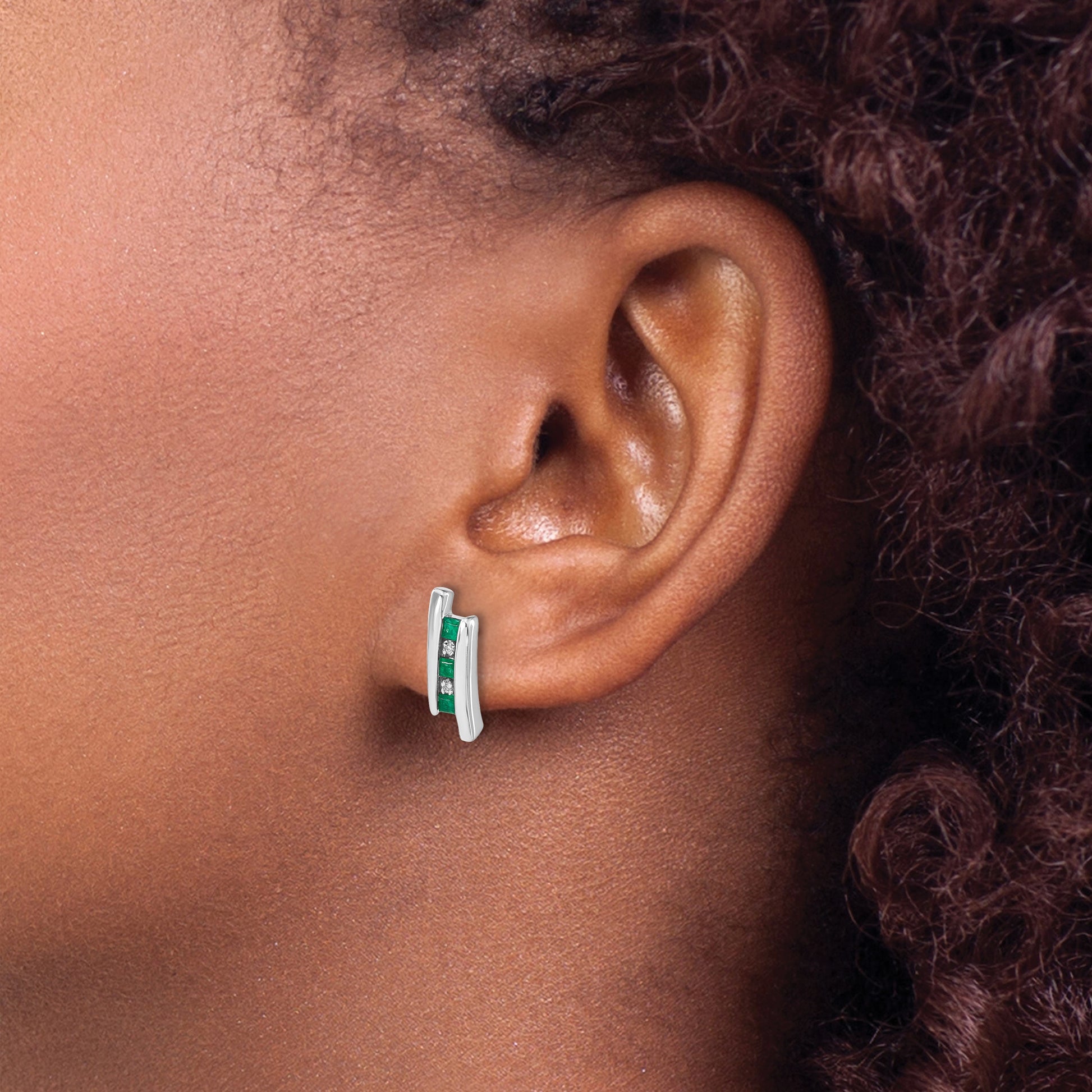 14k White Gold Princess Emerald and Diamond Post Earrings
