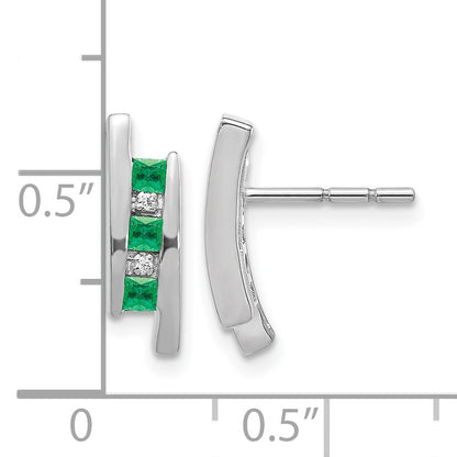 14k White Gold Princess Emerald and Diamond Post Earrings