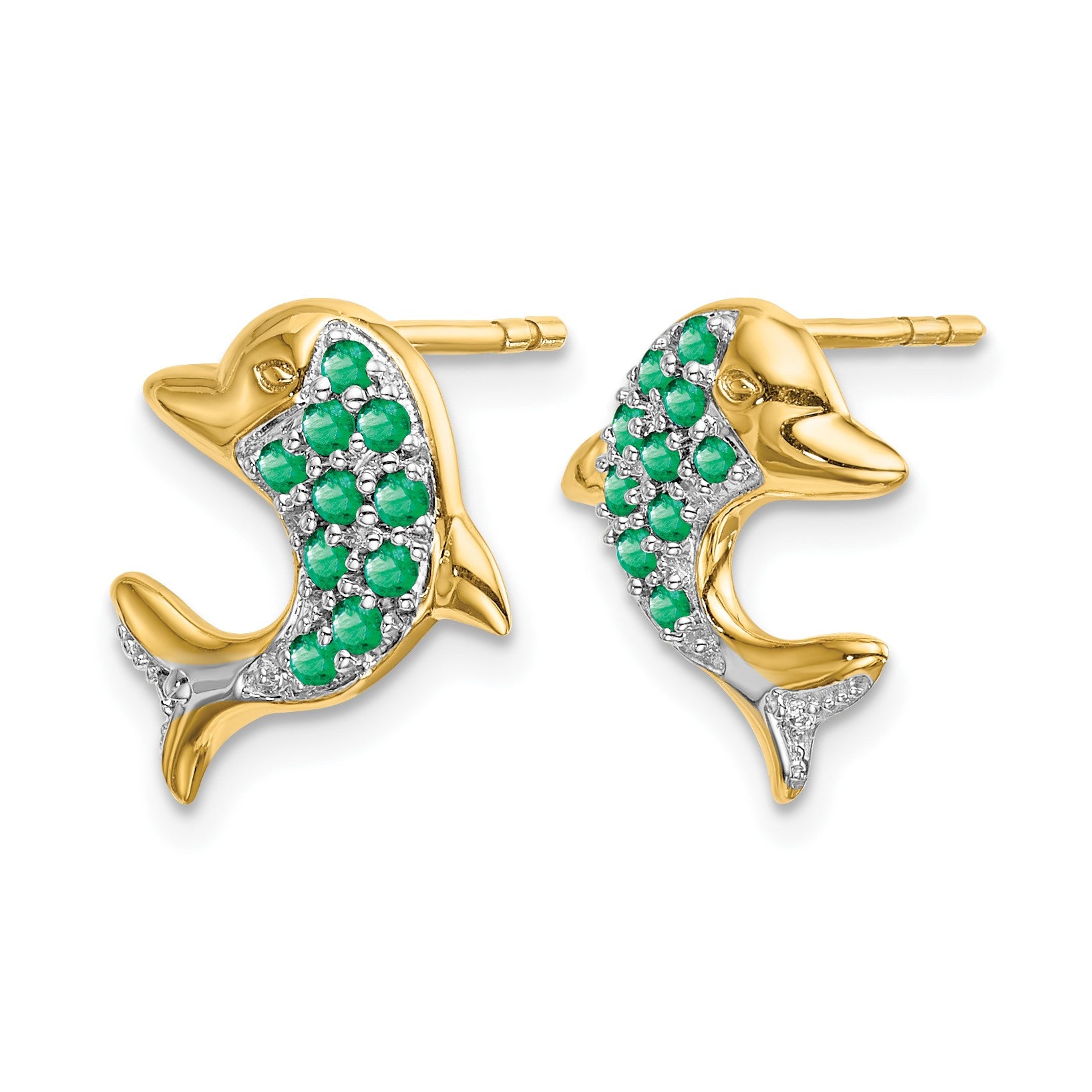 14k and White Rhodium Emerald and Diamond Dolphin Post Earrings