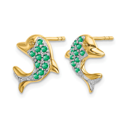14k and White Rhodium Emerald and Diamond Dolphin Post Earrings