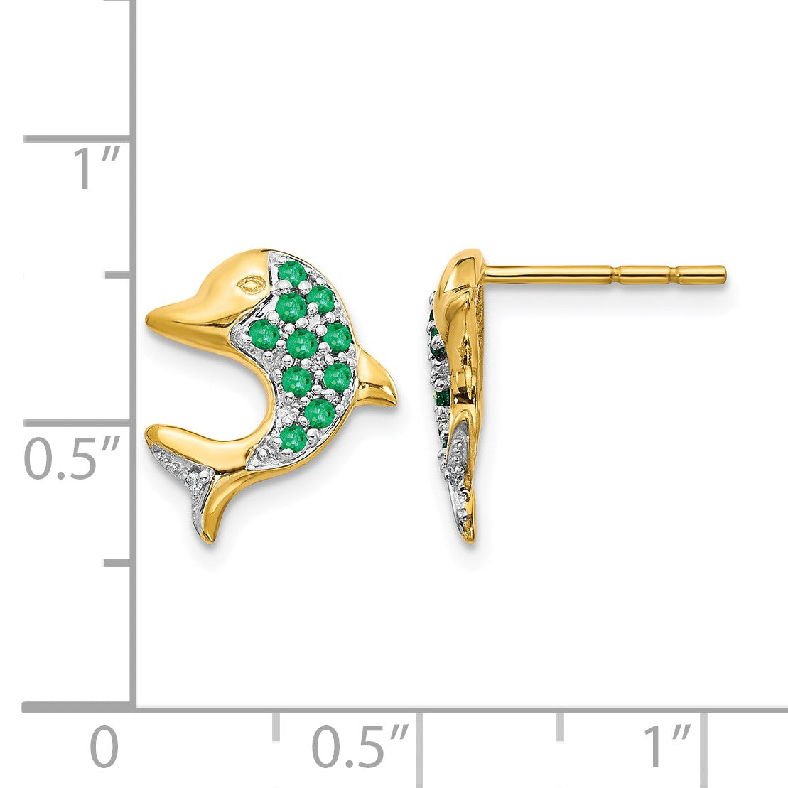 14k and White Rhodium Emerald and Diamond Dolphin Post Earrings