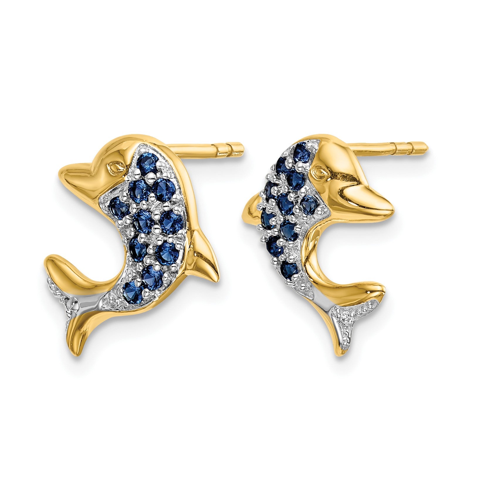 14k and White Rhodium Sapphire and Diamond Dolphin Post Earrings