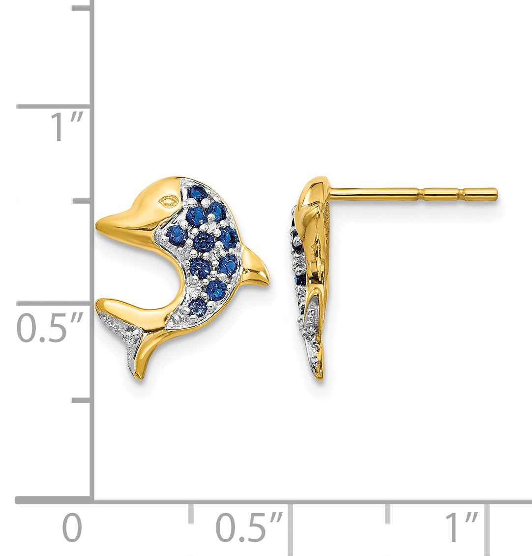 14k and White Rhodium Sapphire and Diamond Dolphin Post Earrings