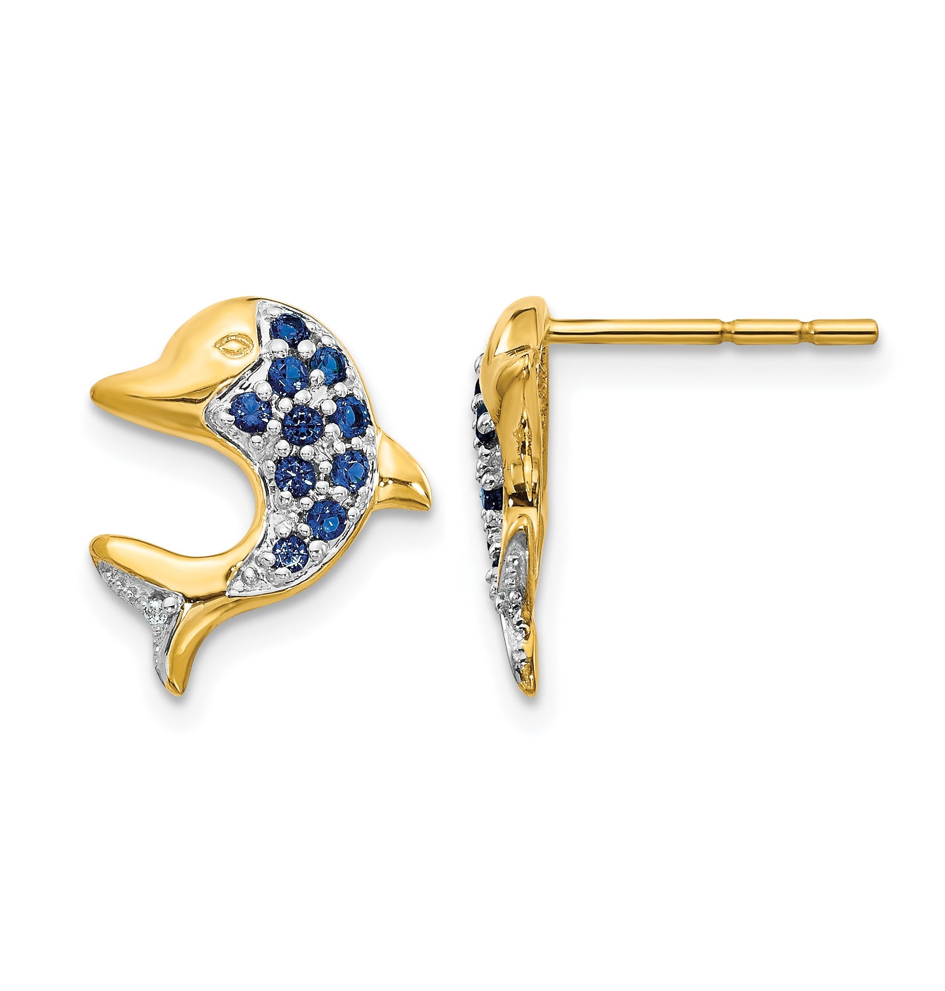 14k and White Rhodium Sapphire and Diamond Dolphin Post Earrings