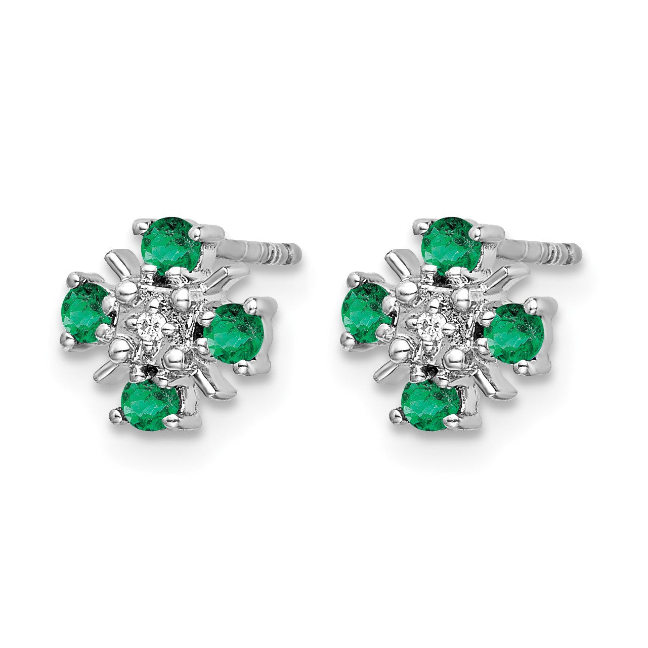14k White Gold 2mm Round Emerald and Diamond Post Earrings