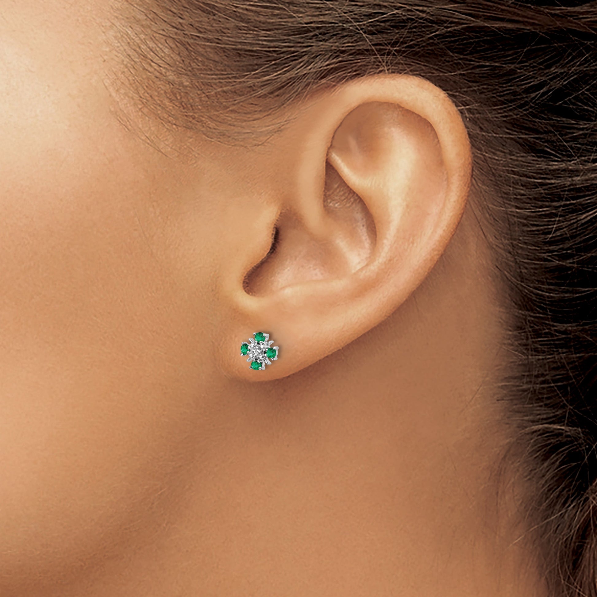 14k White Gold 2mm Round Emerald and Diamond Post Earrings