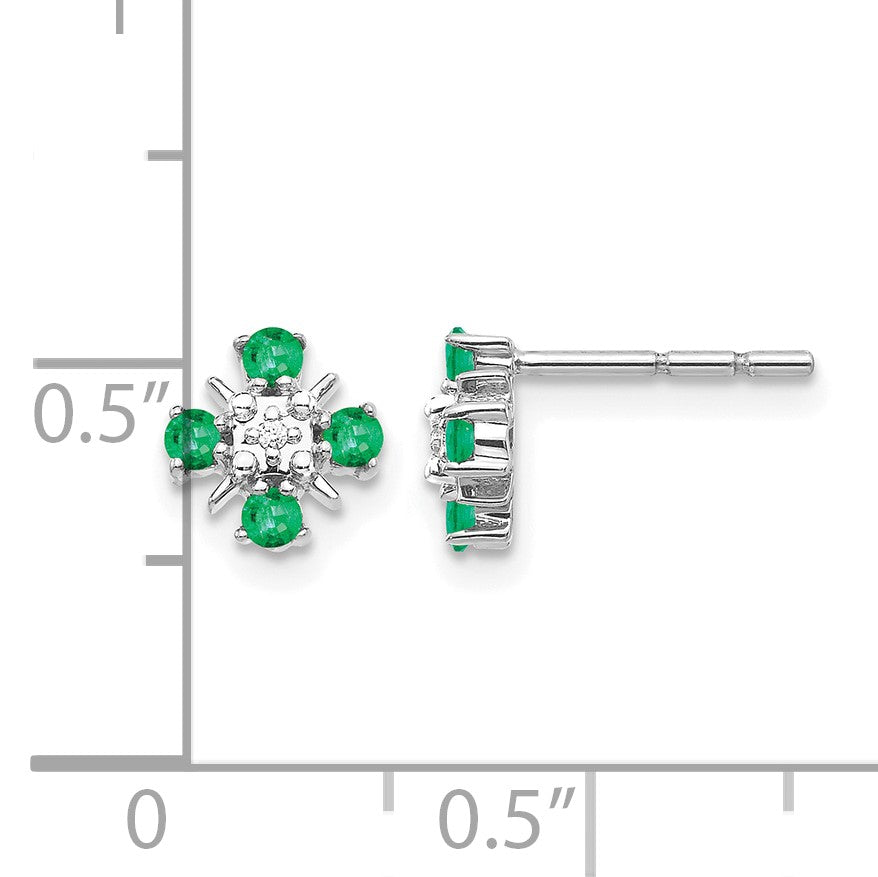 14k White Gold 2mm Round Emerald and Diamond Post Earrings